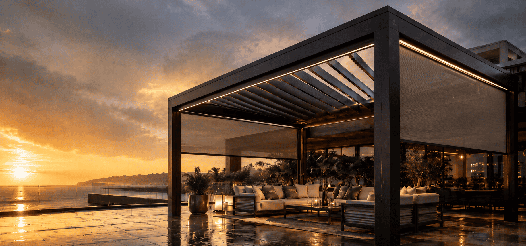 Aluminum pergola system installed over outdoor dining furniture